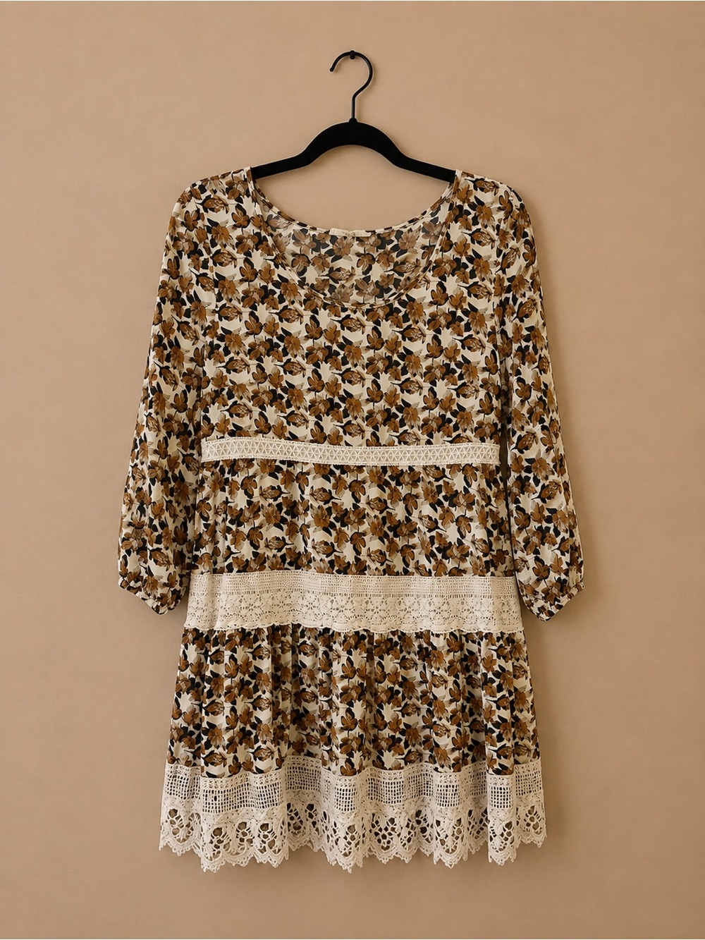 entro Floral Crochet-Trim Long Sleeve Mini Dress in Brown and Cream